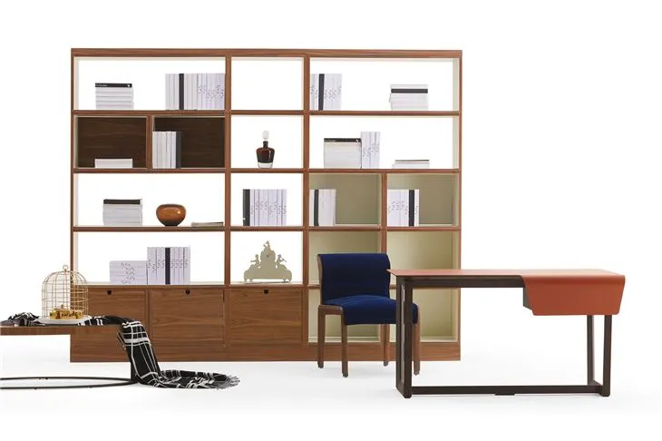 Modern Wooden Villa Study Room Bookshelf Bookcase Book Storage At Back Of Study Desk